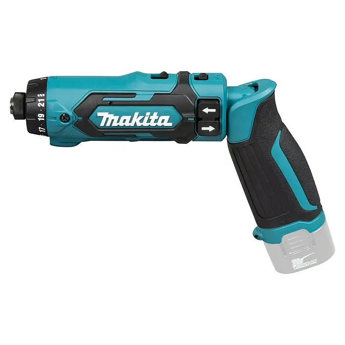Makita Akku-Knickschrauber DF012DZ - 7,2 V, Ohne Akku, 5,6 Nm - Bild einer Makita Akku-Winkelschrauber mit verstellbarem Drehmoment und ergonomischem Griff für komfortables Arbeiten.