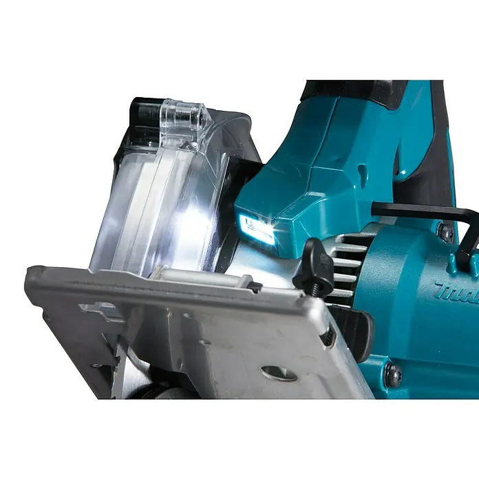 Makita LXT 18V Akku-Handkreissäge Metall DCS553Z - 18 V, Ohne Akku, Durchmesser Sägeblatt: 150 mm, 0 U/min - 4.200 U/min - Nahaufnahme einer Makita-Kreissäge, die Details wie das Sägeblatt, die Schutzvorrichtung und die präzisen Einstellungen hervorhebt.