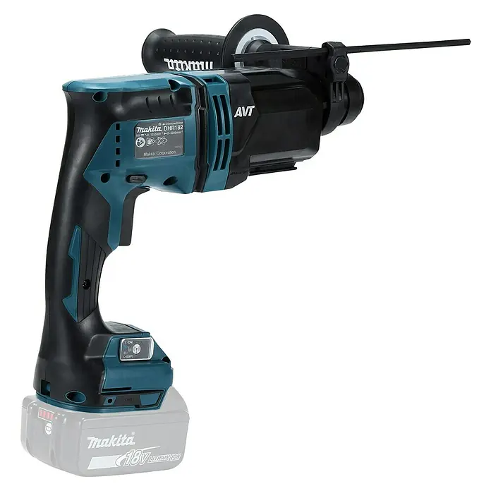 Makita LXT 18V Akku-Kombihammer DHR182Z - 18 V, Ohne Akku, 1,7 J - Abgebildet ist eine Makita DHR182 Akku-Bohrmaschine mit AVT, inklusive Akku, ideal für Bohr- und Meißelarbeiten.