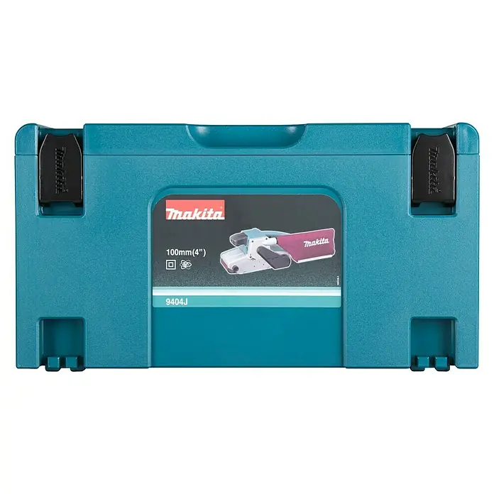 Makita Elektro-Bandschleifmaschine 9404J - 1.010 W - Makita 9404J Bandschleifer im blauen Transportkoffer. Professionelles Werkzeug für präzises Schleifen in Werkstatt und Baustelle.