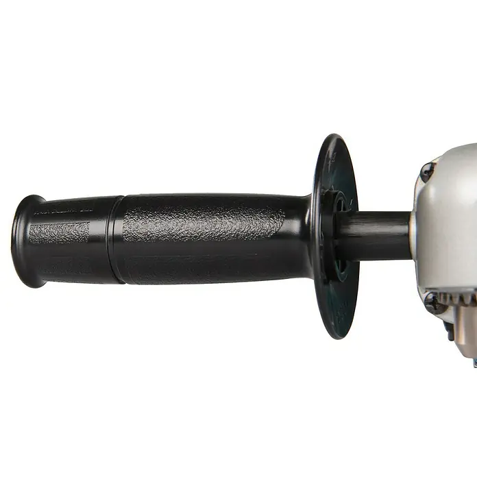 Makita LXT 18V Akku-Winkelbohrmaschine DDA350Z - Ohne Akku, Leerlaufdrehzahl: 1.800 U/min - Detailaufnahme des schwarzen Zusatzgriffs einer Bohrmaschine, der die Handhabung und Kontrolle beim Bohren verbessert.