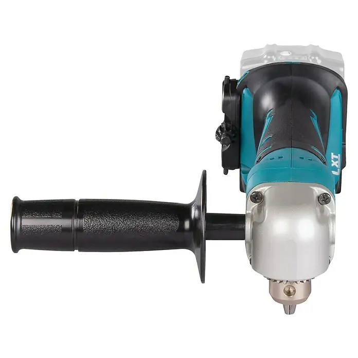 Makita LXT 18V Akku-Winkelbohrmaschine DDA350Z - Ohne Akku, Leerlaufdrehzahl: 1.800 U/min - Detailansicht einer Makita Winkelbohrmaschine mit Zusatzhandgriff. Das Werkzeug ist in den Farben Silber, Türkis und Schwarz gehalten.