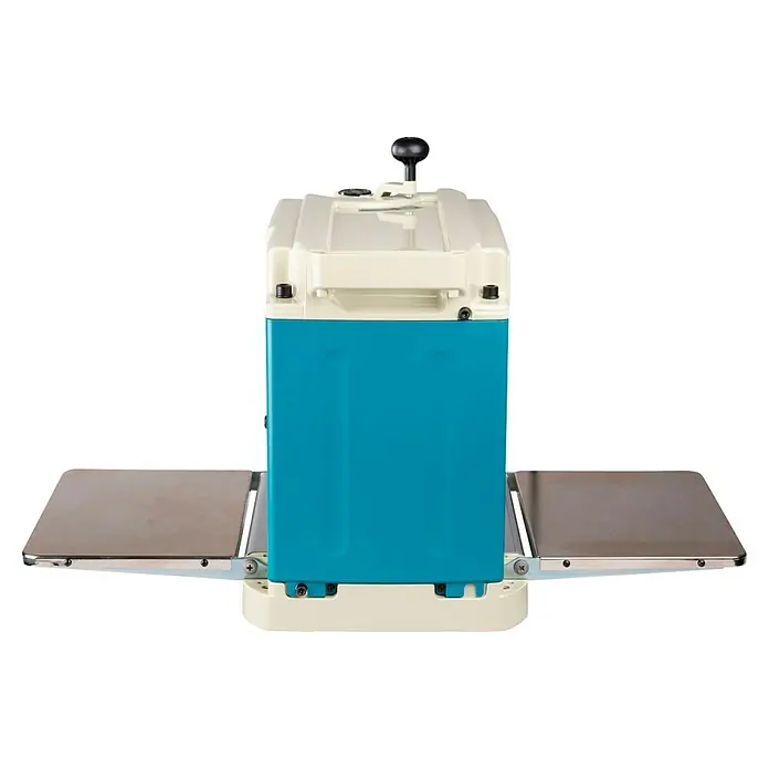 Makita Dickenhobelmaschine 2012NB - 8.500 U/min, Max. Spanabnahme Dickenhobel: 3 mm - Tischhobelmaschine: Frontansicht einer blau-beigen Hobelmaschine mit ausziehbaren Tischplatten und einem schwarzen Handrad oben.
