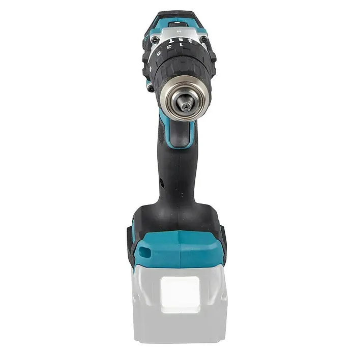 Makita LXT 18V Akku-Schlagbohrschrauber DHP487Z - 18 V, Ohne Akku, 40 Nm - Akku-Bohrschrauber in Nahaufnahme. Der Schrauber ist schwarz und blau und hat ein verstellbares Drehmoment. Ideal zum Bohren und Schrauben.