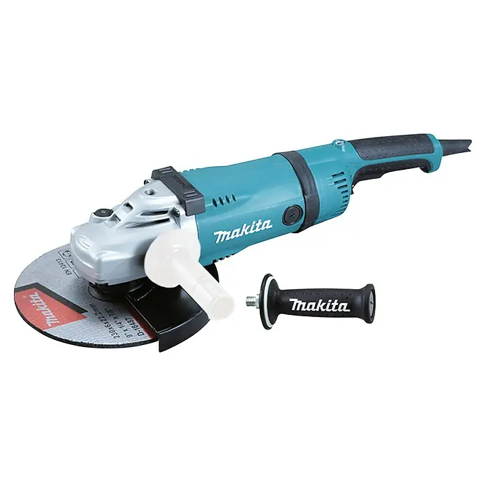 Makita Elektro-Winkelschleifer FS6300R - 570 W, Durchmesser Scheibe: 230 mm, 0 U/min - 6.000 U/min - Nahaufnahme eines Makita Winkelschleifers mit Schleifscheibe und Zusatzhandgriff vor schwarzem Hintergrund.
