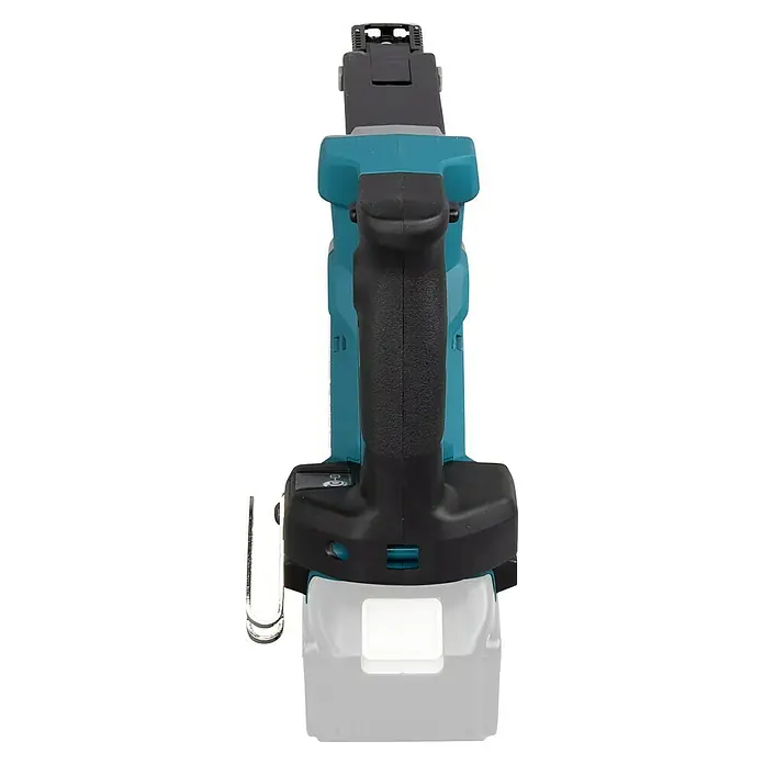Makita LXT 18V Akku-Trockenbauschrauber mit Magazin DFR551Z - 18 V, Ohne Akku, 0 U/min - 6.000 U/min - Nahaufnahme eines türkisfarbenen und schwarzen Makita-Elektrowerkzeugs, das einen ergonomischen Griff und einen Batterieeinschub zeigt.