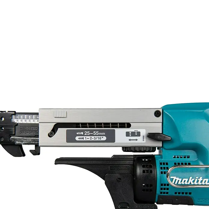Makita LXT 18V Akku-Trockenbauschrauber mit Magazin DFR550RTJ - 18 V, 2 Akkus, 4.000 U/min, Inkl. Koffer - Nahaufnahme des Makita-Magazinschraubers mit Tiefeneinstellung für Schrauben von 25-55mm.