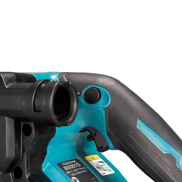 Makita XGT 40V max. Akku-Bandschleifer BS001GZ - 40 V, Ohne Akku - Nahaufnahme des Makita BS001G Akku-Bodenstampfers mit Fokus auf Details des Geräts.