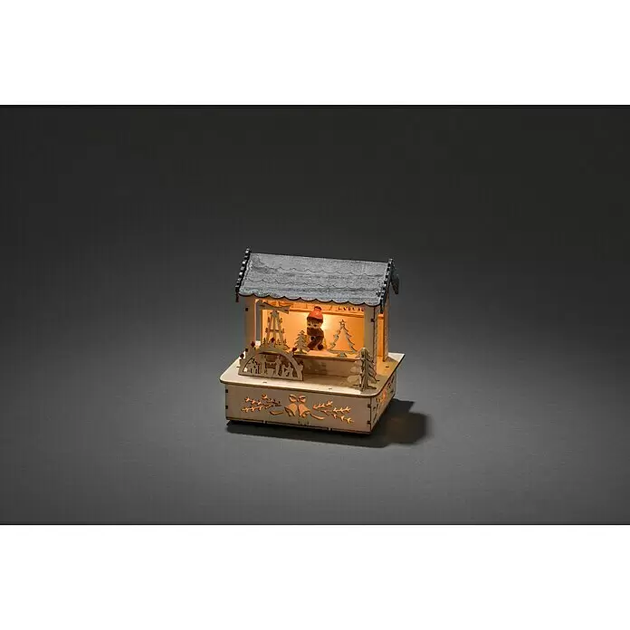 Konstsmide LED-Weihnachtsdekoleuchte Marktstand mit grauem Dach - 11,5 x 9,5 x 12,5 cm, Braun, Batteriebetrieben, LED - Vorderansicht