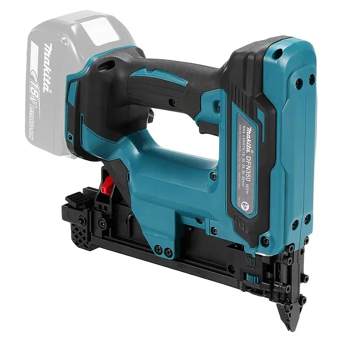 Makita LXT 18V Clavadora de batería DFN350 - 18 V, Sin batería, Longitud del clavo: 15 mm - 35 mm - Clavadora inalámbrica Makita DFN350 18V con batería, ideal para tareas de construcción y renovación. Herramienta compacta y práctica.