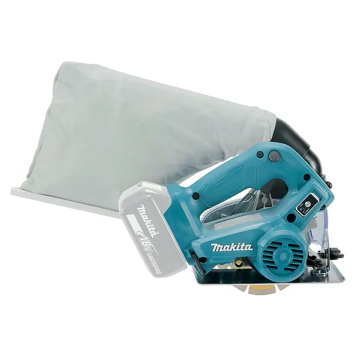 Makita LXT 18V Cortadora de diamante de batería DCC500Z - 18 V, Sin batería - Imagen de una sierra circular inalámbrica Makita con bolsa para polvo. Una herramienta versátil para trabajos de madera.