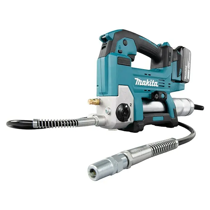 Makita LXT 18V Pistola de engrase de batería DGP180 - 18 V, Sin batería - Imagen de una pistola de engrase inalámbrica Makita, ideal para uso profesional. Se ven detalles como la batería, la manguera y los controles.