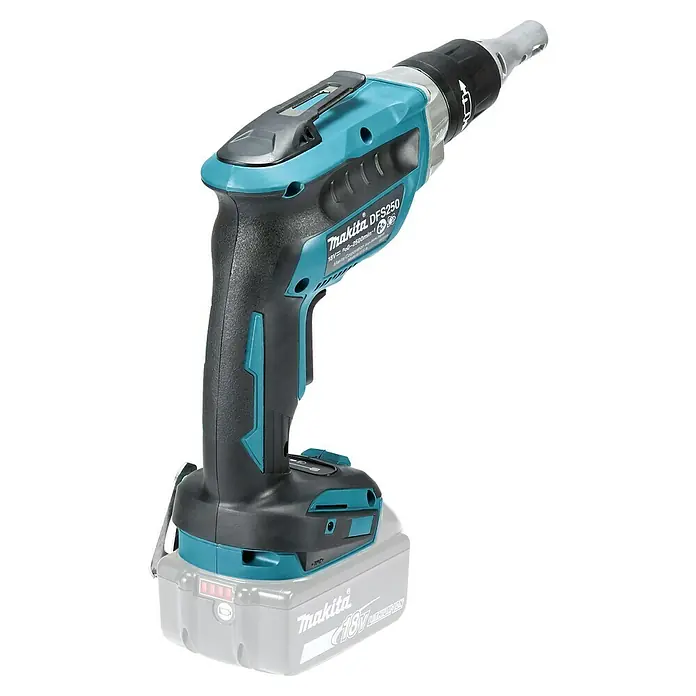 Makita LXT 18V Atornillador para placas de yeso de batería DFS250 - 18 V, Sin batería - Primer plano del atornillador para paneles de yeso inalámbrico Makita DFS250 que muestra sus detalles y calidad de construcción.