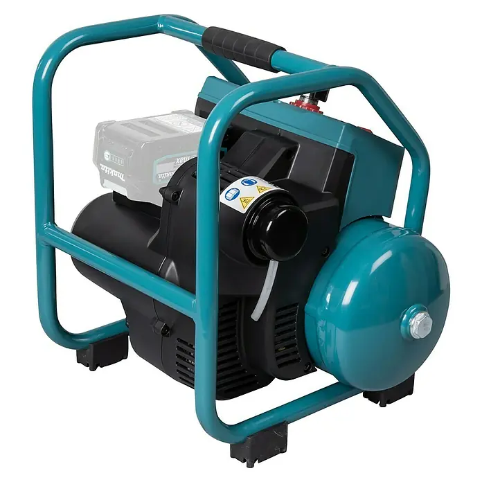 Makita XGT 40V max. Akku-Kompressor AC001GZ - 40 V, Ohne Akku, 9,3 bar - Abbildung eines Makita Akku-Kompressors im blauen Schutzrahmen, der Mobilität und Schutz bietet. Ideal für Baustellen.