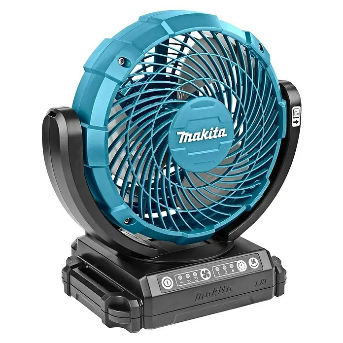 Makita LXT 18V Ventilador de batería DCF102Z - 18 V, Sin batería - Esta imagen muestra un ventilador portátil Makita en azul y negro, perfecto para obras y uso móvil.