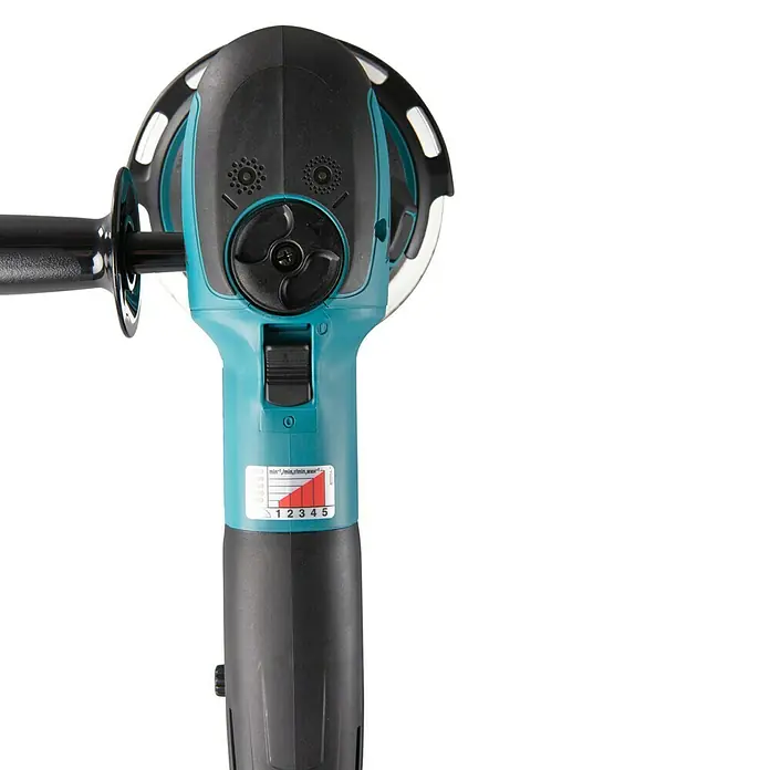 Makita Elektro-Exzenterschleifer BO6050J - 750 W, Durchmesser Schleifteller: 150 mm - Nahaufnahme eines Schleifgeräts mit blaugrünem Gehäuse, schwarzem Griff und einem abgerundeten Schutz für präzises Schleifen.