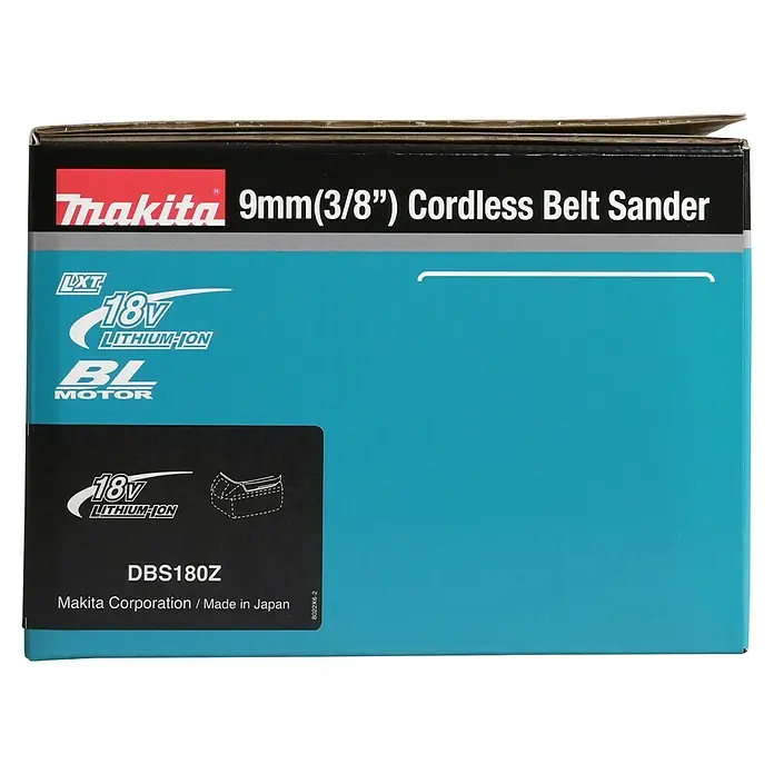 Makita LXT 18V Akku-Bandfeile DBS180Z - 18 V, Ohne Akku, Bandgeschwindigkeit: 600 m/min - 1.700 m/min - Abbildung der Verpackung eines Makita 9mm (3/8") Akku-Bandschleifers, der für seine Langlebigkeit und Leistung bekannt ist.