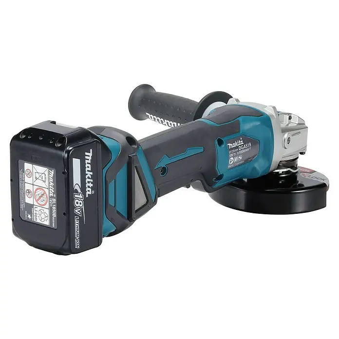 Makita LXT 18V Amoladora angular de batería DGA519RTJ - 18 V, 2 baterías, Diámetro disco: 125 mm - Amoladora angular inalámbrica Makita con batería. Herramienta potente para tareas de esmerilado con batería de iones de litio de 18V.