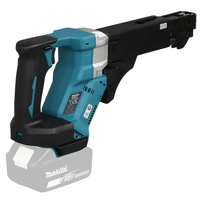 Makita LXT 18V Atornillador para placas de yeso de batería DFR551Z - 18 V, Sin batería, 6.000 r.p.m. - Primer plano de un atornillador para paneles de yeso inalámbrico Makita DFR551, perfecto para paneles de yeso.