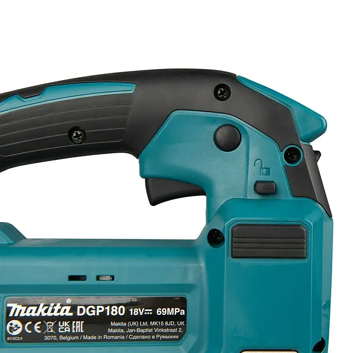 Makita LXT 18V Akku-Fettpresse DGP180Z - 18 V, Ohne Akku - Nahaufnahme einer Makita DGP180 Akku-Kartuschenpistole mit Fokus auf Griff, Auslöser und Bedienelemente.