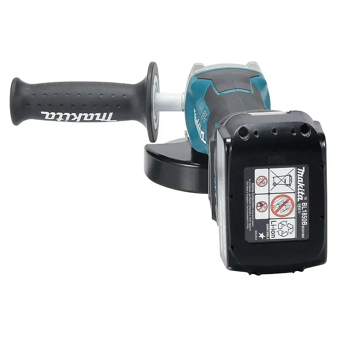 Makita LXT 18V Akku-Winkelschleifer DGA519RTJ - 18 V, 2 Akkus, Durchmesser Scheibe: 125 mm - Nahaufnahme eines Makita Akku-Winkelschleifers mit Akku und Griff.