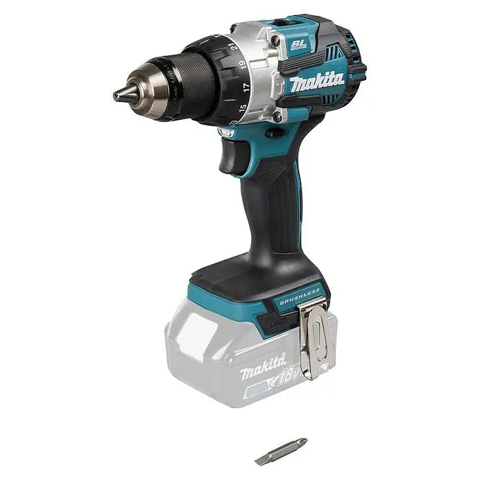 Makita LXT 18V Taladro atornillador percutor de batería DHP489 - 18 V, Sin batería, 73 Nm - Taladro inalámbrico Makita con mango negro y cabezal plateado, una herramienta profesional para profesionales y aficionados al bricolaje.
