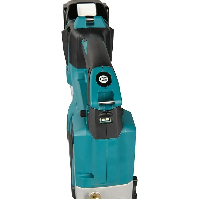 Makita LXT 18V Akku-Fettpresse DGP180Z - 18 V, Ohne Akku - Nahaufnahme eines Akku-betriebenen, türkisfarbenen und schwarzen Makita-Werkzeugs mit Fokus auf Bedienelemente und Details.
