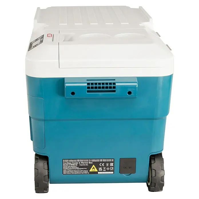 Makita XGT 40V max. Akku-Kühlbox CW001GZ01 - 40 V, Behältervolumen: 20 l, 62,3 x 37,1 x 34,1 cm - Rückansicht der tragbaren Makita CW001G Kühl- und Wärmebox mit Rädern und Aufschrift des Modells und der technischen Daten.