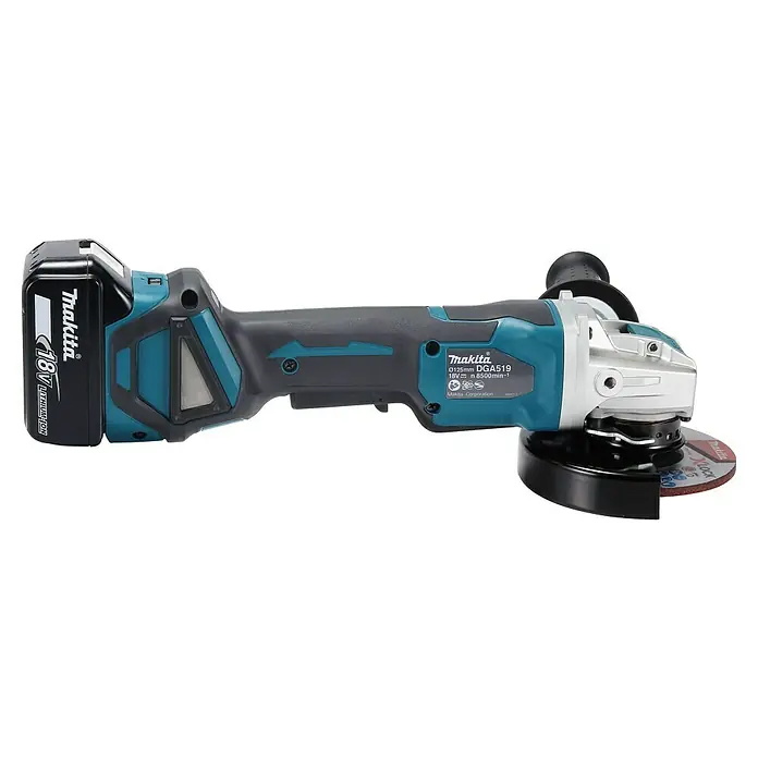 Makita LXT 18V Amoladora angular de batería DGA519RTJ - 18 V, 2 baterías, Diámetro disco: 125 mm - Amoladora angular inalámbrica Makita DGA519 con batería de iones de litio de 18V, perfecta para tareas de pulido. Un ayudante robusto y potente.