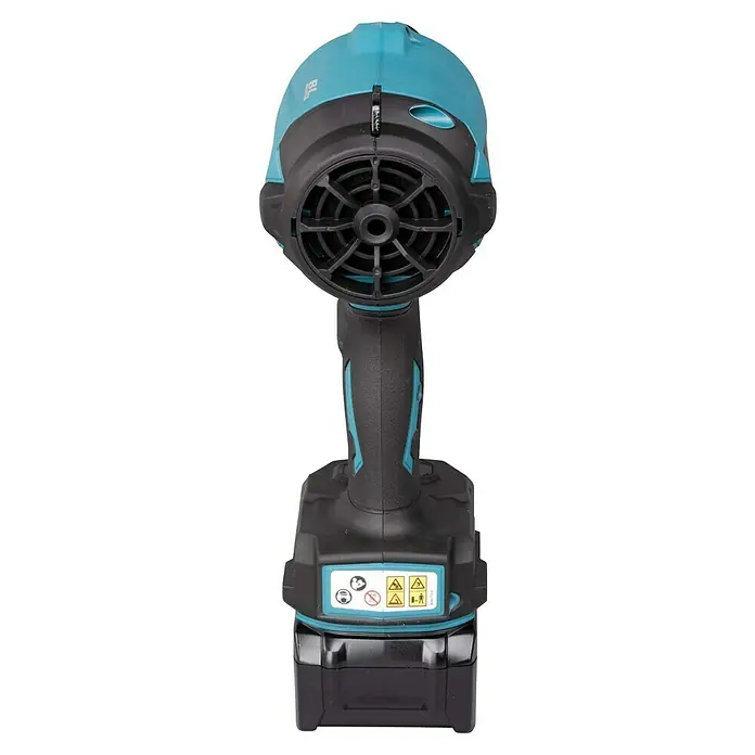 Makita XGT 40V max. Akku-Gebläse AS001GA102 - 40 V, 1 Akku, Geschwindigkeit: 200 m/s - Nahaufnahme eines Akku-betriebenen Geräts mit blaugrünen Akzenten, das ein robustes Design und ein Lüftungsgitter zeigt.