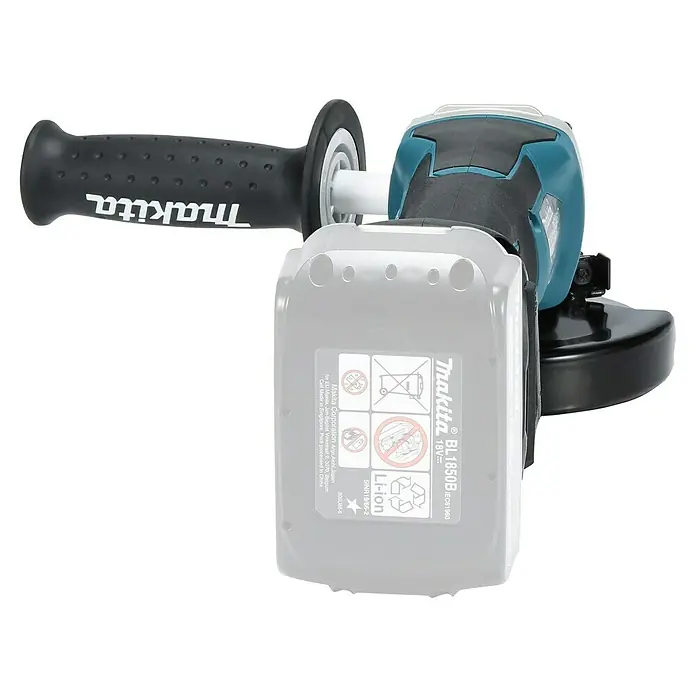 Makita LXT 18V Amoladora angular de batería DGA517Z - 18 V, Sin batería, Diámetro disco: 125 mm - Primer plano de una amoladora angular inalámbrica Makita con detalles en color verde azulado y un agarre ergonómico. Ideal para profesionales y aficionados.