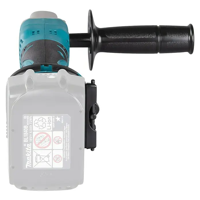 Makita LXT 18V Akku-Winkelbohrmaschine DDA350Z - Ohne Akku, Leerlaufdrehzahl: 1.800 U/min - Bild einer Makita BL1840B Batterie mit einem Zusatzhandgriff, ideal für Elektrowerkzeuge.