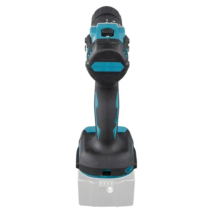 Makita LXT 18V Taladro atornillador percutor de batería DHP487 - 18 V, Sin batería, 40 Nm - Primer plano de un taladro inalámbrico, destacando su marca y construcción.