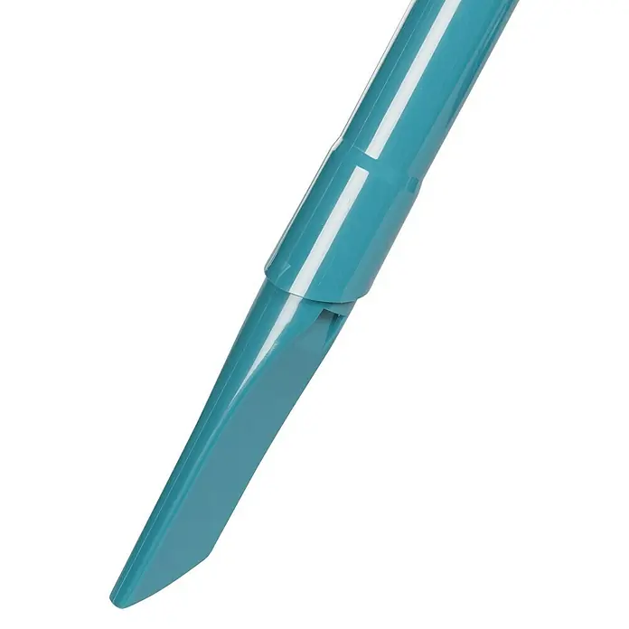 Makita LXT 18V Akku-Staubsauger DCL283FZ - 18 V, Ohne Akku, Behältervolumen: 0,75 l - Detailaufnahme eines türkisfarbenen Staubsaugeraufsatzes. Das Zubehörteil ist aus Kunststoff und hat eine schmale, keilförmige Düse.