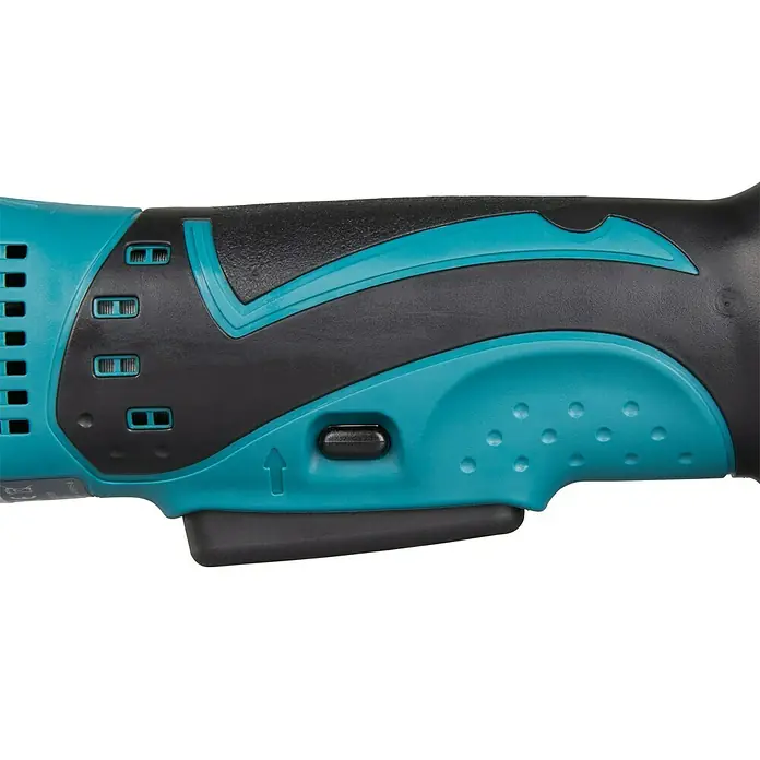 Makita LXT 18V Akku-Winkelbohrmaschine DDA350Z - Ohne Akku, Leerlaufdrehzahl: 1.800 U/min - Nahaufnahme eines türkisfarbenen Elektrowerkzeugs mit schwarzen Akzenten, das Design und Funktionalität vereint.