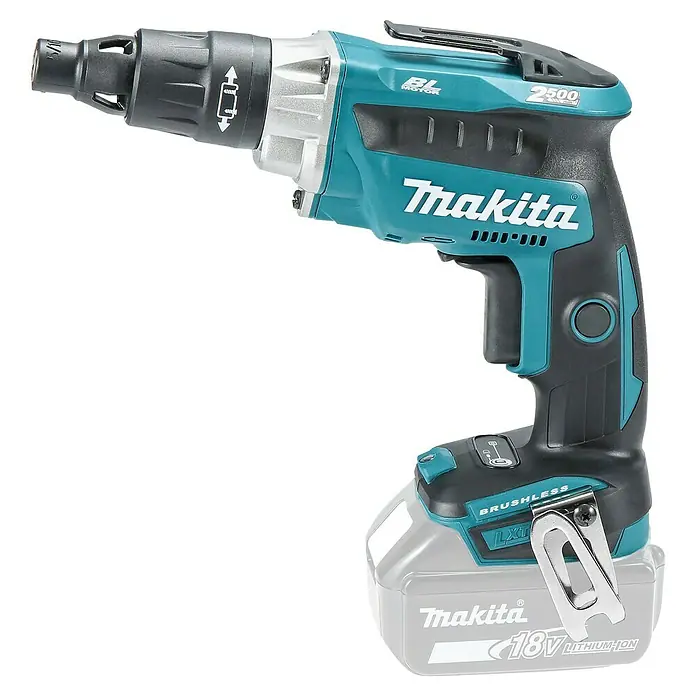 Makita LXT 18V Atornillador para placas de yeso de batería DFS251Z - 18 V, Sin batería - Atornilladora para paneles de yeso Makita DFS250Z con un diseño azul y negro, mostrando su batería de iones de litio de 18V.
