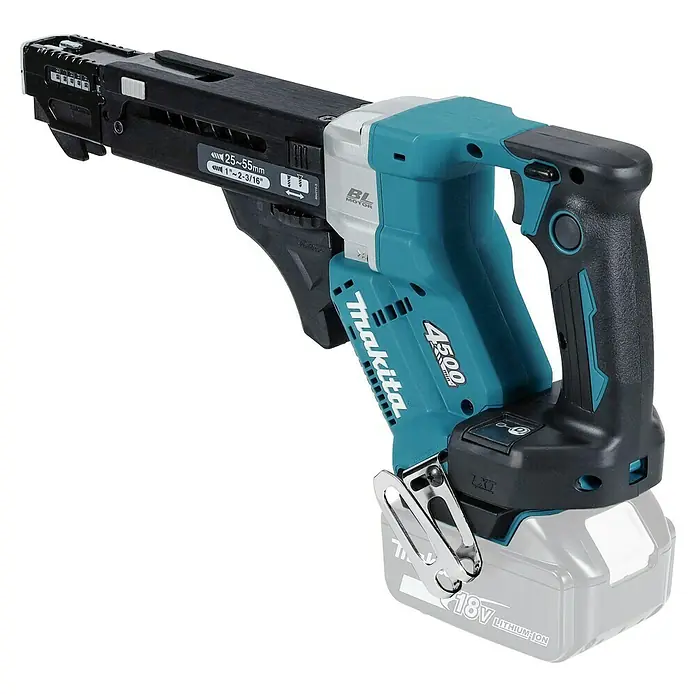 Makita LXT 18V Akku-Trockenbauschrauber mit Magazin DFR552Z - 18 V, Ohne Akku, 0 U/min - 4.500 U/min - Nahaufnahme eines Makita Akku-Magazinschraubers mit bürstenlosem Motor und 18V Lithium-Ionen Akku.