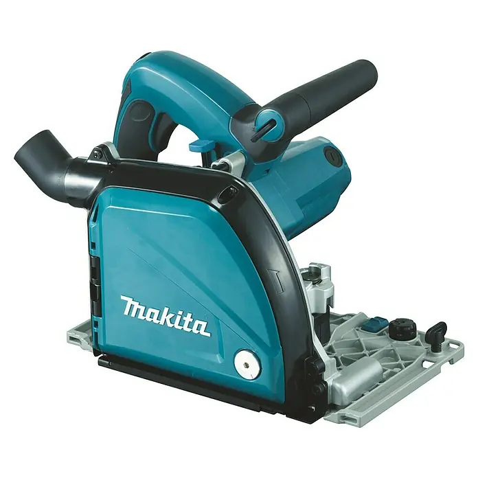 Makita Plattenfräse CA5000XJ - 1.300 W, Leerlaufdrehzahl: 2.200 U/min - 6.400 U/min - Nahaufnahme einer blauen Makita DSS611Z Akku-Metallkreissäge, einem Elektrowerkzeug für präzise Metallschnitte.