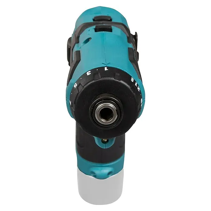 Makita Akku-Knickschrauber DF012DZ - 7,2 V, Ohne Akku, 5,6 Nm - Nahaufnahme eines Akku-Bohrschraubers in Türkis und Schwarz, der die Vielseitigkeit des Werkzeugs betont.