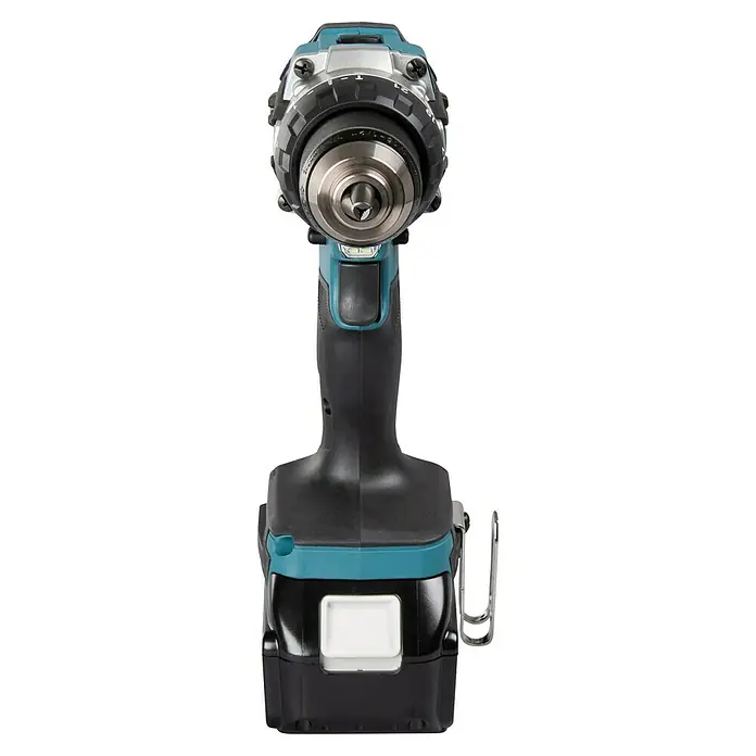 Makita LXT 18V Akku-Schlagbohrschrauber DHP489RTJ - 18 V, 2 Akkus, 5 Ah, 73 Nm - Nahaufnahme eines Makita Akku-Bohrschraubers mit Bohrfutter und Akkupack. Ideal für Handwerker und Heimwerkerprojekte.