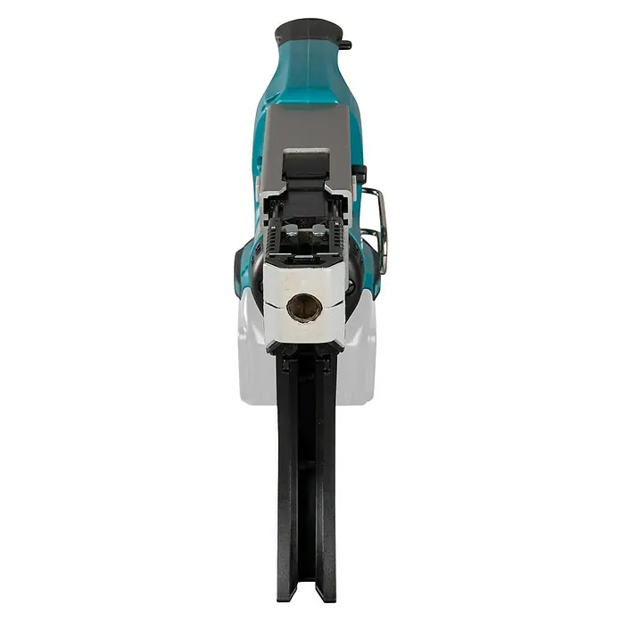 Makita LXT 18V Akku-Trockenbauschrauber mit Magazin DFR550Z - 18 V, Ohne Akku - Nahaufnahme eines Akku-betriebenen Makita-Naglers mit blaugrünen Akzenten, der robuste Leistung und präzise Ergebnisse verspricht.