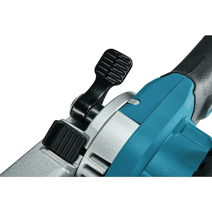 Makita LXT 18V Akku-Bandfeile DBS180Z - 18 V, Ohne Akku, Bandgeschwindigkeit: 600 m/min - 1.700 m/min - Detailaufnahme eines blauen Elektrowerkzeugs mit einem schwarzen Hebel und einem Knopf, die für Einstellungen oder Anpassungen verwendet werden.