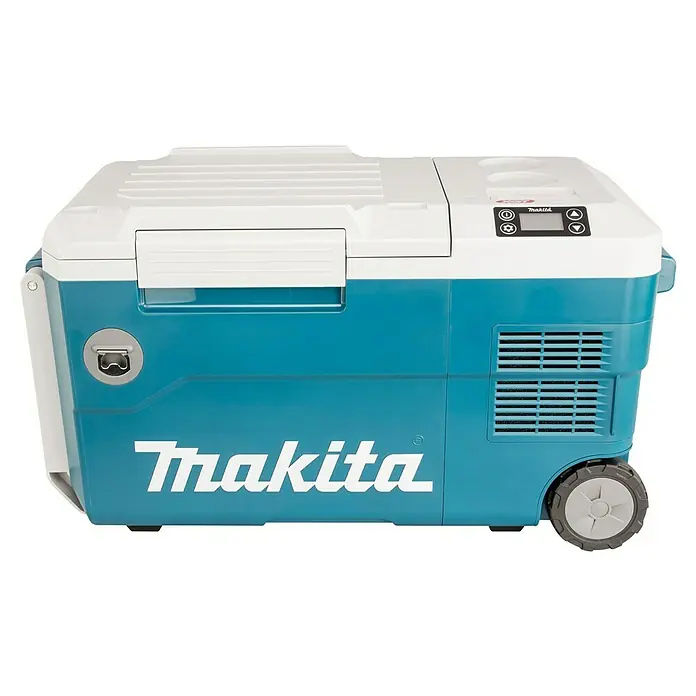 Makita XGT 40V max. Akku-Kühlbox CW001GZ01 - 40 V, Behältervolumen: 20 l, 62,3 x 37,1 x 34,1 cm - Makita Kühlbox mit Rädern, blau und weiß, ideal für Baustellen oder Outdoor-Aktivitäten. Praktisch und robust.