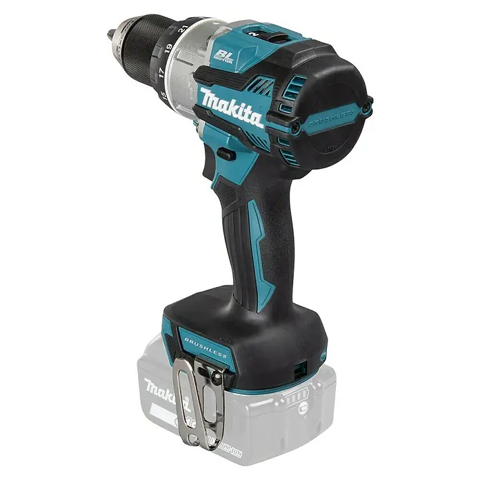 Makita LXT 18V Taladro atornillador percutor de batería DHP489 - 18 V, Sin batería, 73 Nm - Primer plano de un taladro inalámbrico Makita con motor sin escobillas y batería. La herramienta es de color negro y turquesa.