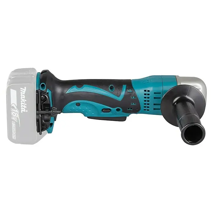 Makita LXT 18V Taladro angular de batería DDA350 -  - Amoladora angular inalámbrica Makita con empuñadura auxiliar. El dispositivo es de colores turquesa, negro y plateado.