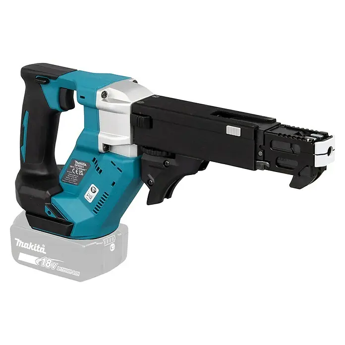Makita LXT 18V Akku-Trockenbauschrauber mit Magazin DFR551Z - 18 V, Ohne Akku, 0 U/min - 6.000 U/min - Bild einer Makita DFR551 Akku-Magazinschrauber, ideal für Trockenbauarbeiten mit präziser Schraubtiefe und hoher Effizienz, betrieben mit 18V Akku.
