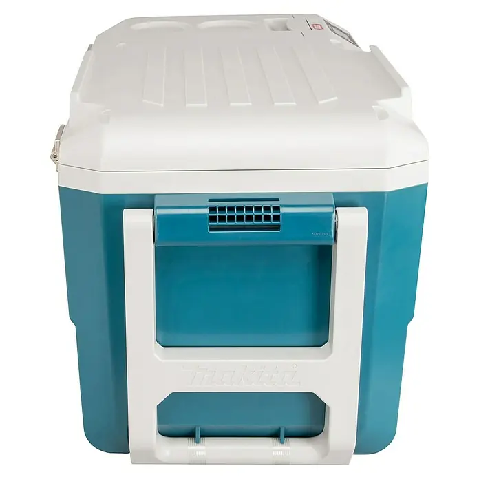 Makita XGT 40V max. Akku-Kühlbox CW001GZ01 - 40 V, Behältervolumen: 20 l, 62,3 x 37,1 x 34,1 cm - Abbildung einer Makita Kühlbox mit Tragegriff. Die Kühlbox ist blau und weiß und für den Transport von Lebensmitteln oder Getränken konzipiert.