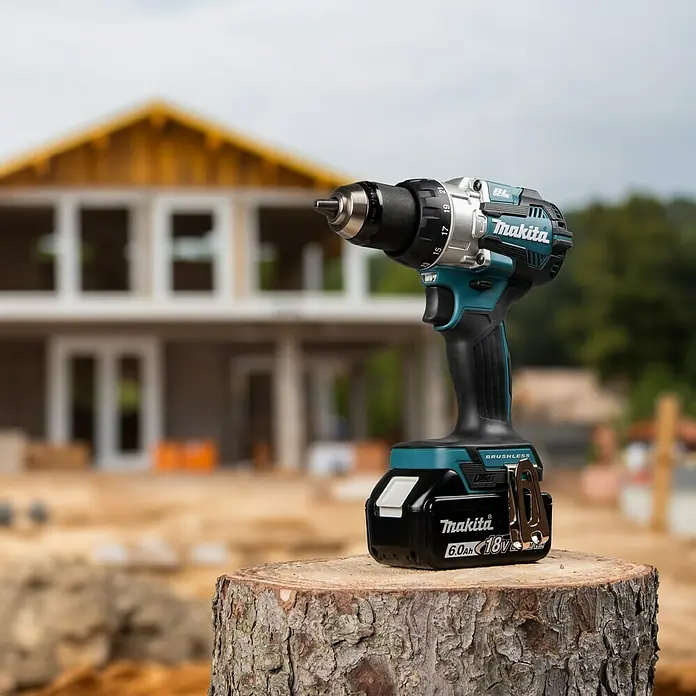 Makita LXT 18V Akku-Schlagbohrschrauber DHP489RTJ - 18 V, 2 Akkus, 5 Ah, 73 Nm - Makita Akku-Bohrschrauber auf einem Baumstumpf vor einem unfertigen Haus. Das Gerät ist kabellos und ideal für Baustellen.