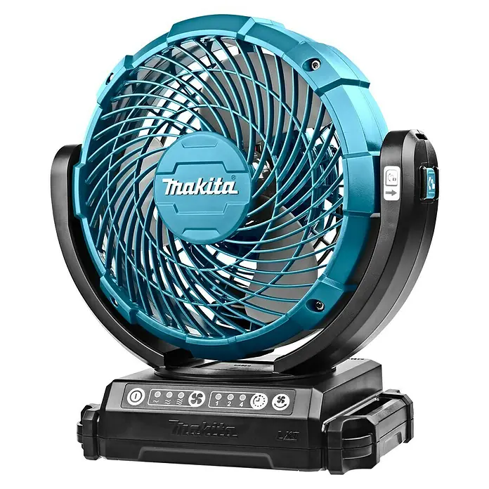 Makita LXT 18V Ventilador de batería DCF102Z - 18 V, Sin batería - Ventilador inalámbrico Makita con carcasa azul y panel de control para ajustar la velocidad del ventilador y el temporizador.