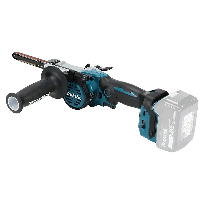 Makita LXT 18V Akku-Bandfeile DBS180Z - 18 V, Ohne Akku, Bandgeschwindigkeit: 600 m/min - 1.700 m/min - Das Bild zeigt eine Akku-Bandschleifmaschine von Makita mit Akku. Ideal für präzises Schleifen in verschiedenen Anwendungen.